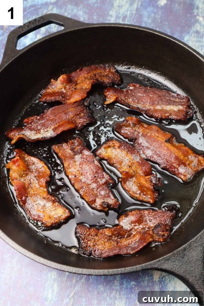 Smoked Gouda Chicken Bacon Ranch Sandwich Recipe 4 cast iron skillet with cooked crispy bacon
