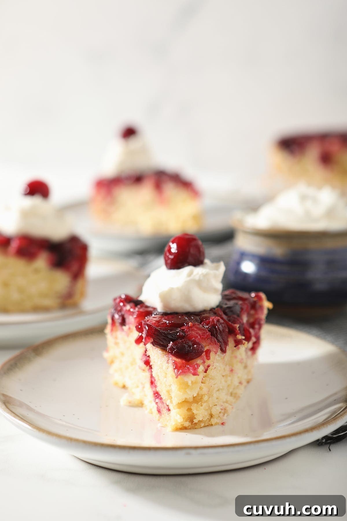 A slice of cranberry upside down cake garnished with a dollop of whipped cream and a cranberry on a white pottery plate with other slices behind it