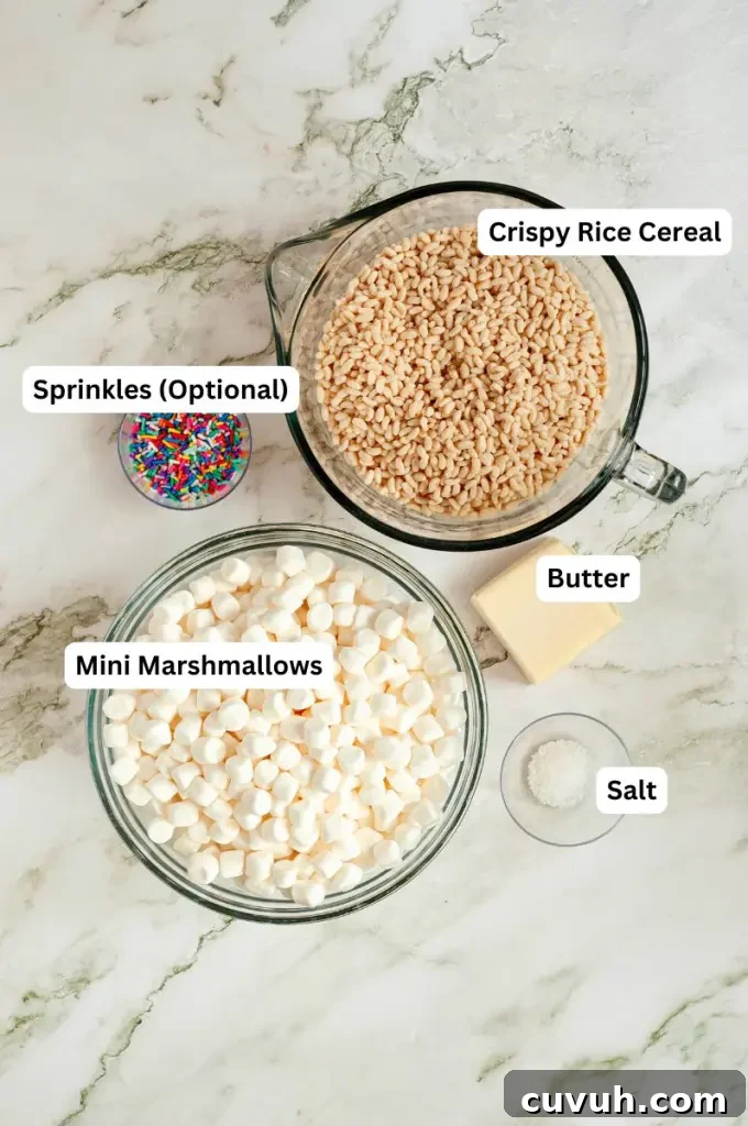 Classic rice krispie treats with bright white mini marshmallows and colorful sprinkles.