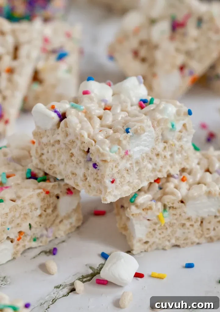 Classic rice krispie treats with bright white mini marshmallows and colorful sprinkles.