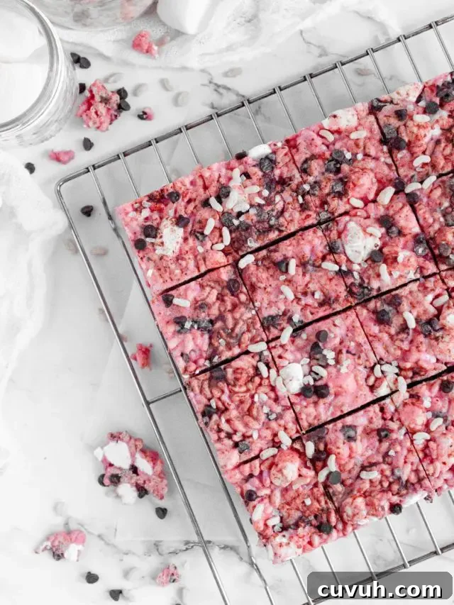 Bright pink strawberry rice krispie treats with dark chocolate chips cut into squares.