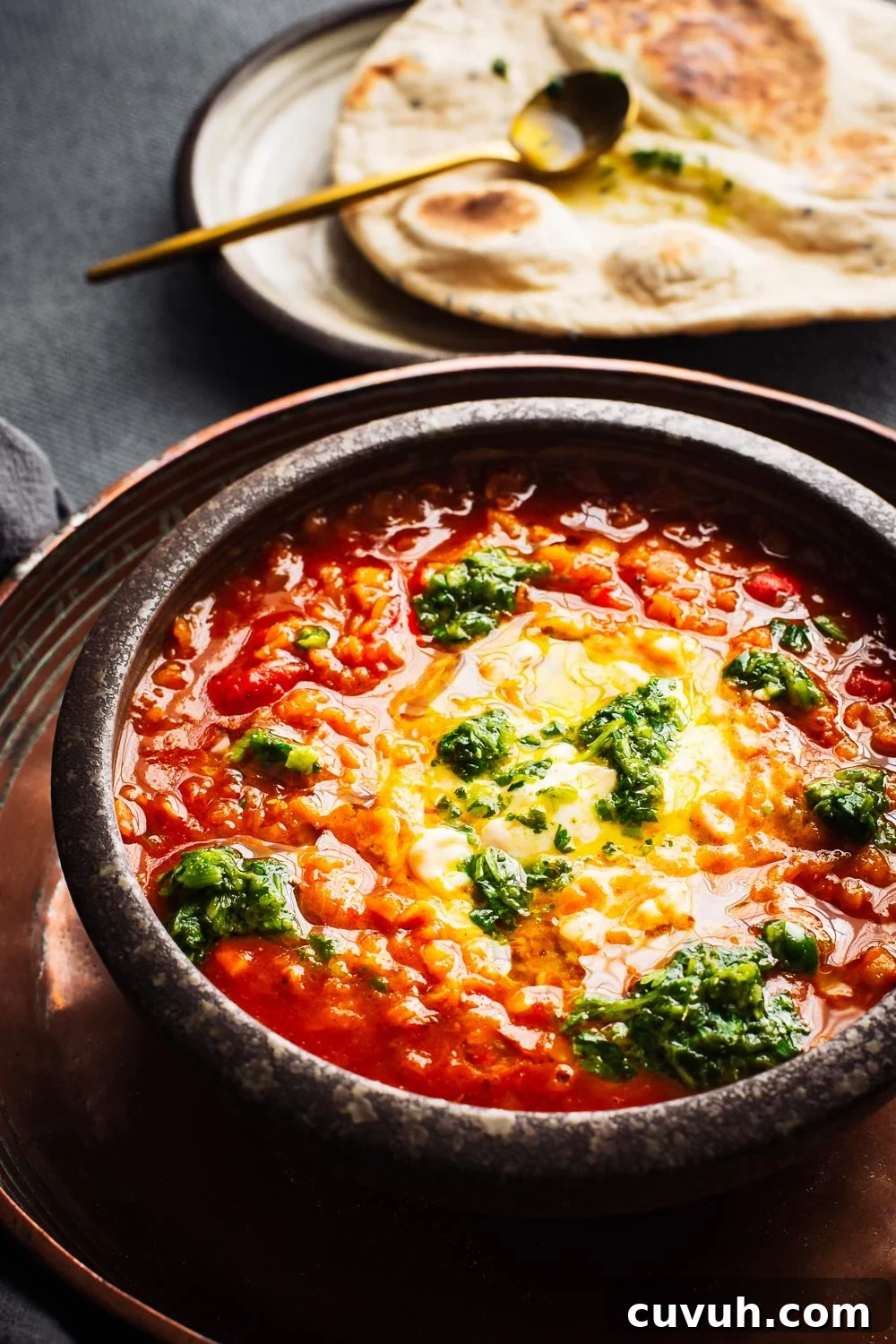 Close-up of a bowl of red lentil soup with a flatbread in the background.