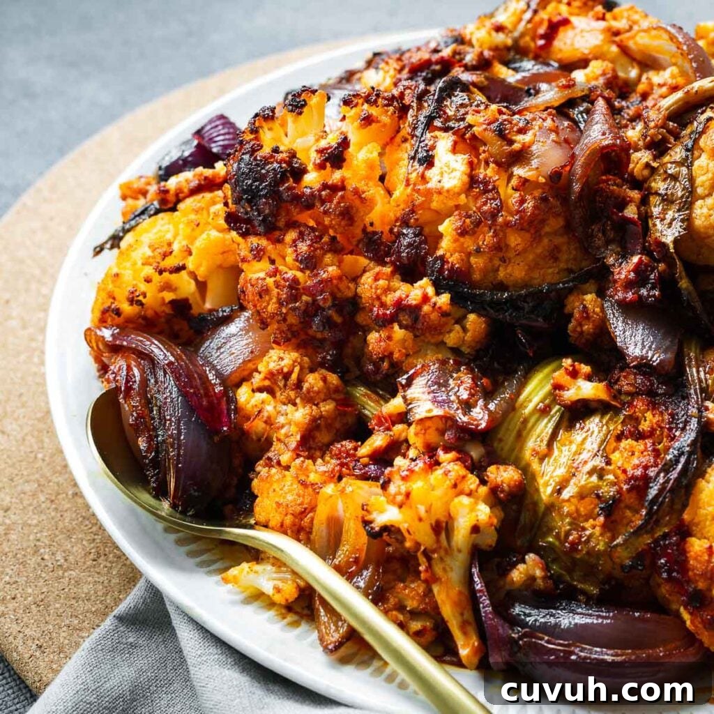 Close-up of harissa roasted cauliflower.