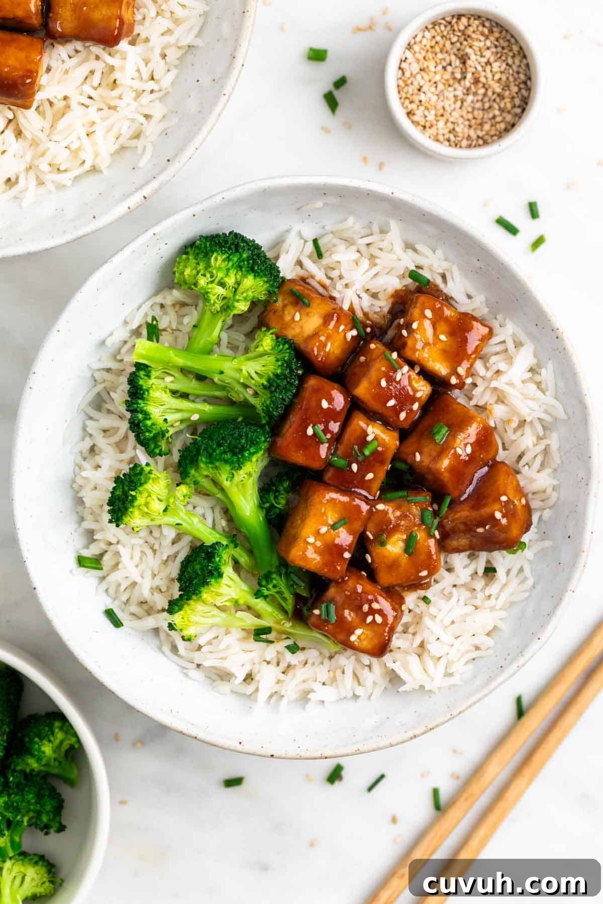 Sticky Teriyaki Tofu Bowl with Sesame and Scallions 11 Rice and broccoli bowls topped with teriyaki tofu and served with chopsticks.