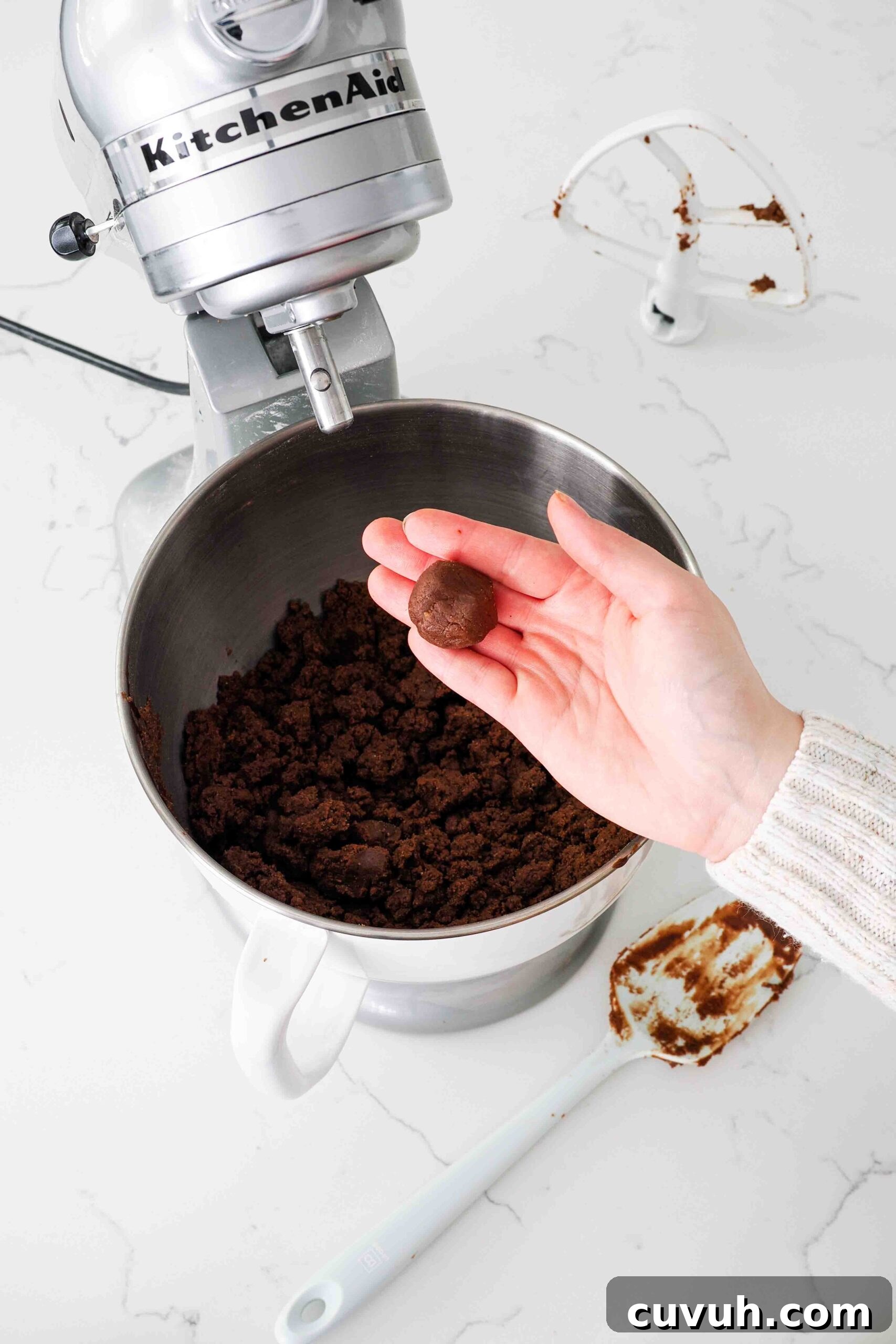Chocolate Gingerbread Cookies with Cocoa and Warm Spices 6 A hand holds up a ball of chocolate gingerbread cookie dough over a stand mixer.