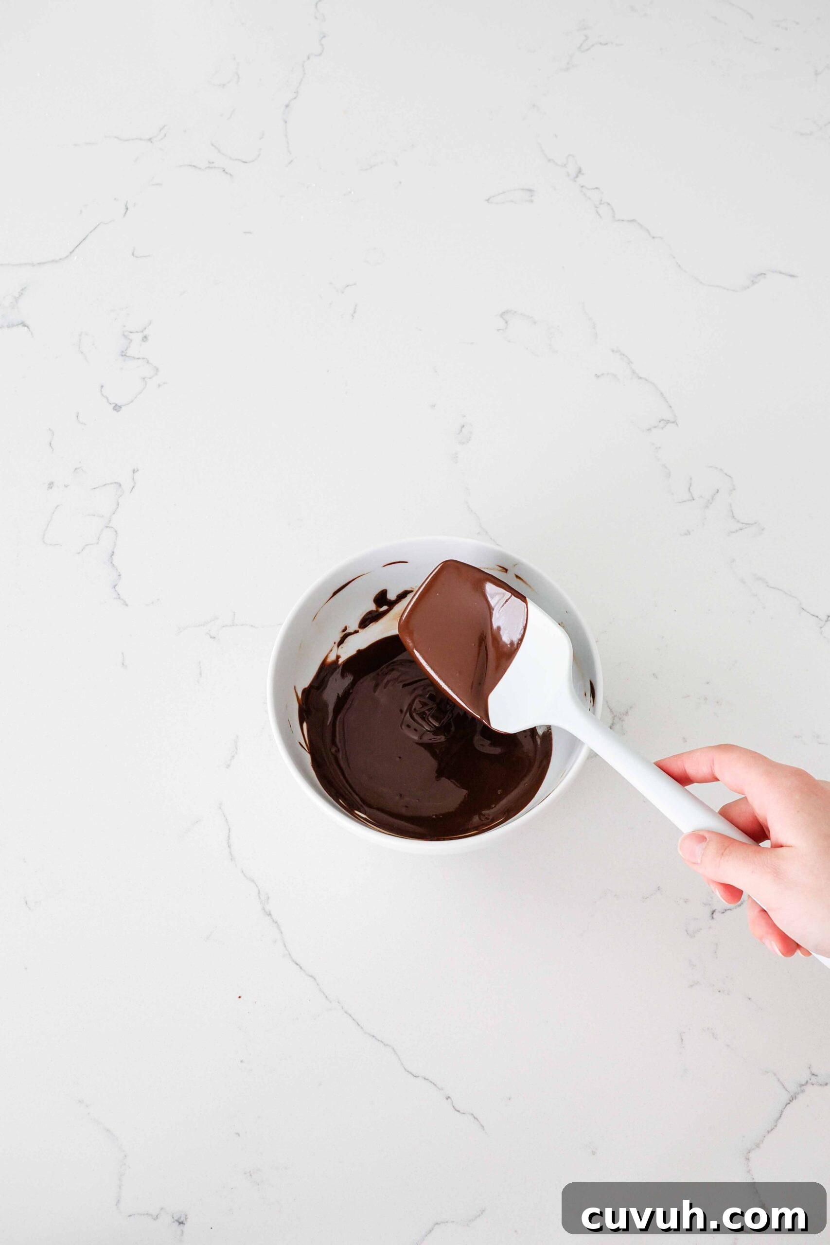 Chocolate Gingerbread Cookies with Cocoa and Warm Spices 4 A spatula with glossy, melted chocolate running off it into a bowl.