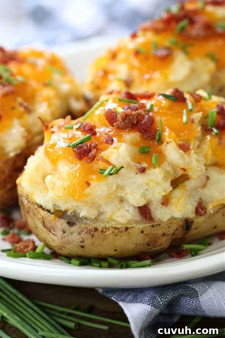 Twice Baked Potatoes are a delicious side dish that can be totally made ahead of time! Creamy, cheesy potato filling in a crispy baked skin! twice baked potatoes with bacon and cheese