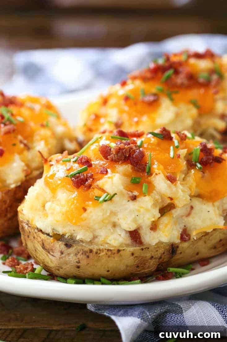 Twice Baked Potatoes are a delicious side dish that can be totally made ahead of time! Creamy, cheesy potato filling in a crispy baked skin! Twice Baked potatoes on a plate with checkered napkin