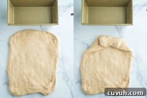 shaping bread dough and greased loaf pan.