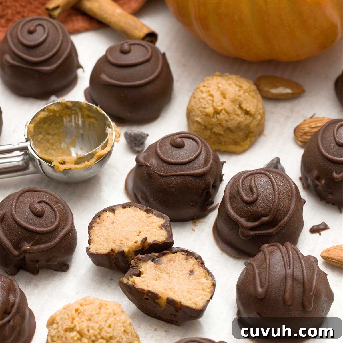 Chocolate pumpkin truffles dipped in chocolate with swirls on top.