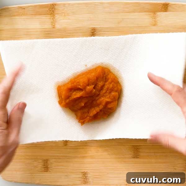 Putting the pumpkin puree in the center of three layers of paper towels.