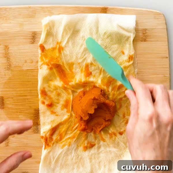 The strained pumpkin paste on a paper towel.