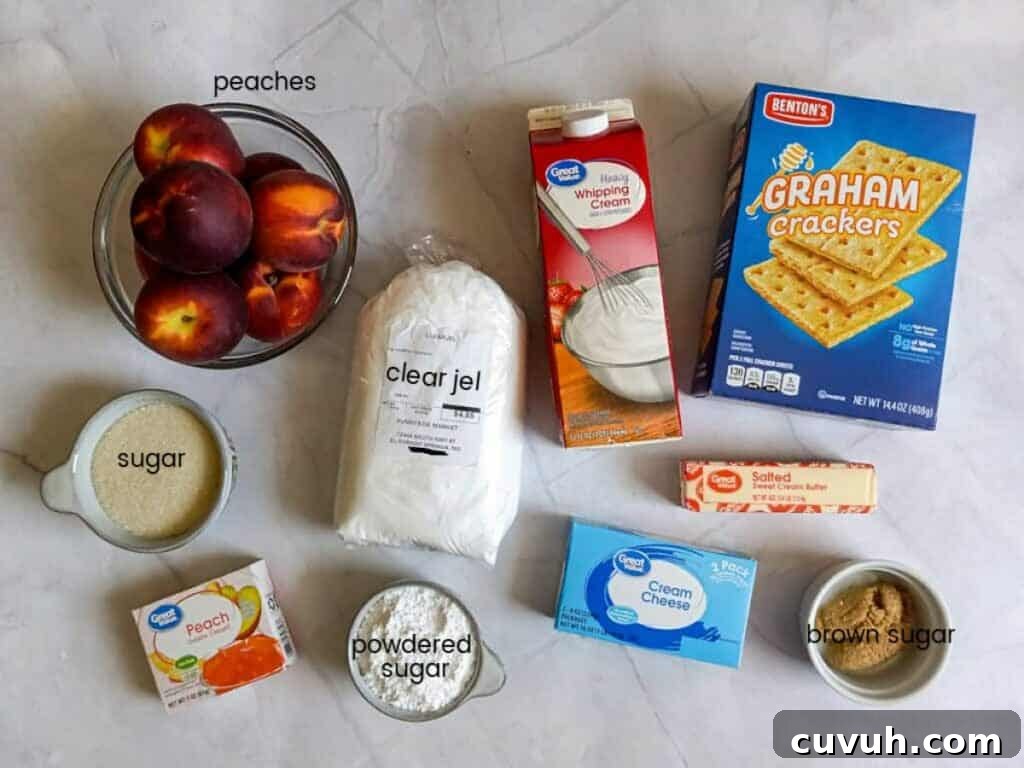 Ingredients: peaches, clear jel, jello, sugar, cream cheese, whipping cream, powdered sugar, butter, graham crackers, and brown sugar.