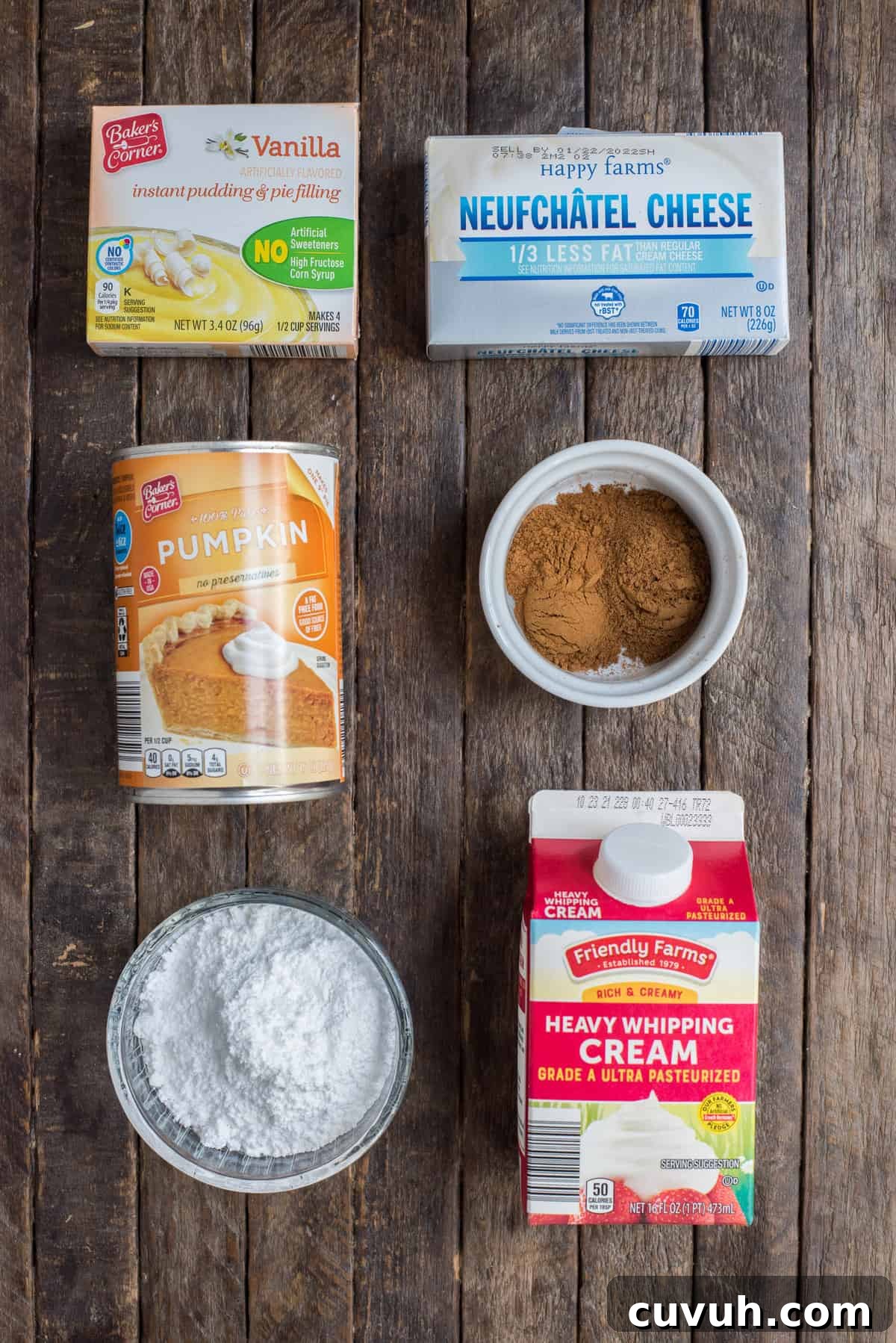 ingredients to make pumpkin fluff on wood background