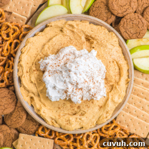 A bowl of creamy pumpkin pie dip topped with whipped cream and cinnamon, surrounded by green apple slices, pretzels, graham crackers, and gingersnap cookies.