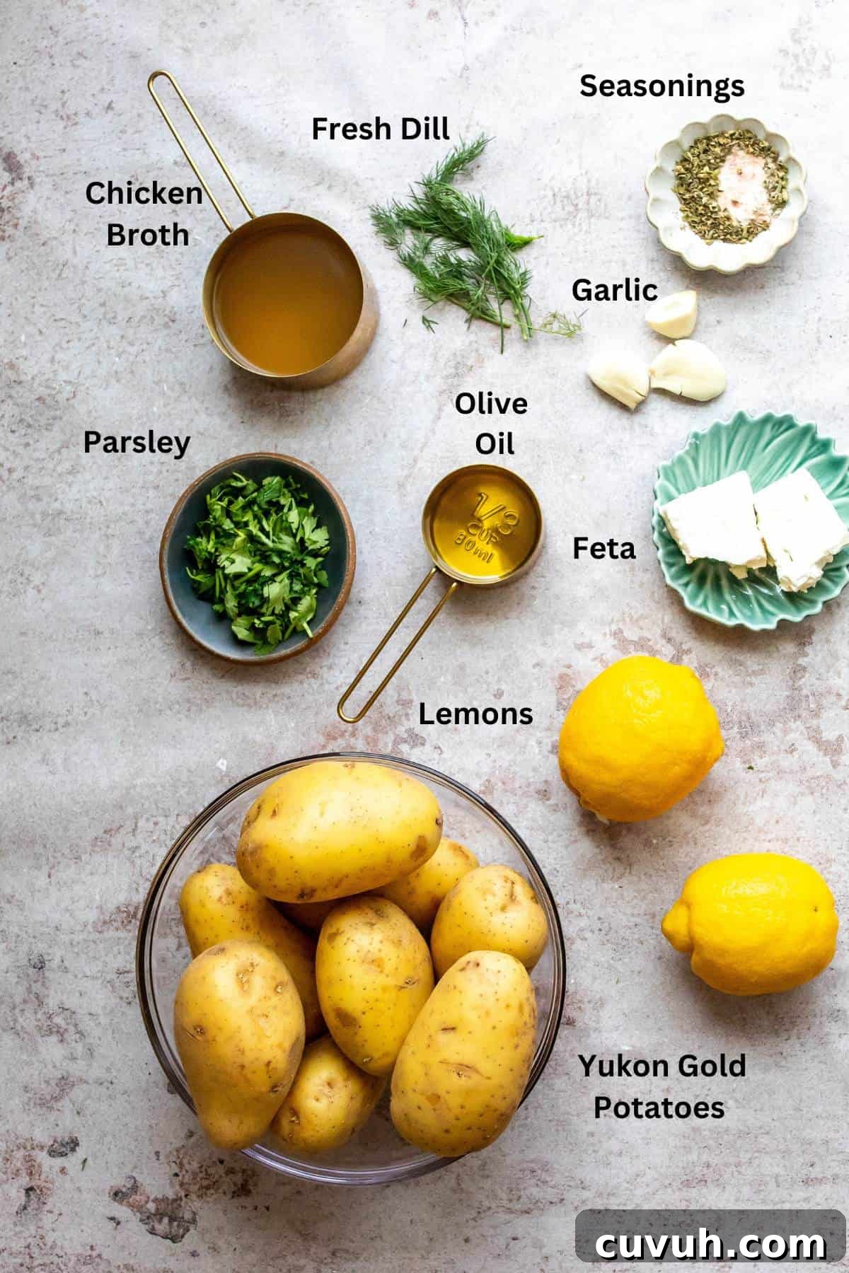Crispy Lemon-Roasted Potatoes with Garlic and Herbs 3 Ingredients on a counter in small dishes.