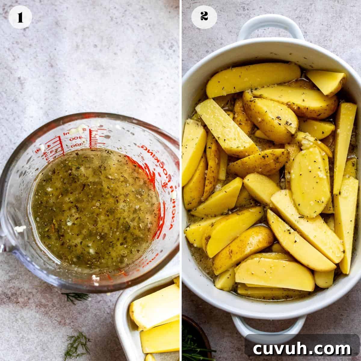Crispy Lemon-Roasted Potatoes with Garlic and Herbs 4 A measuring cup with ingredients in it and baking dish with potatoes.