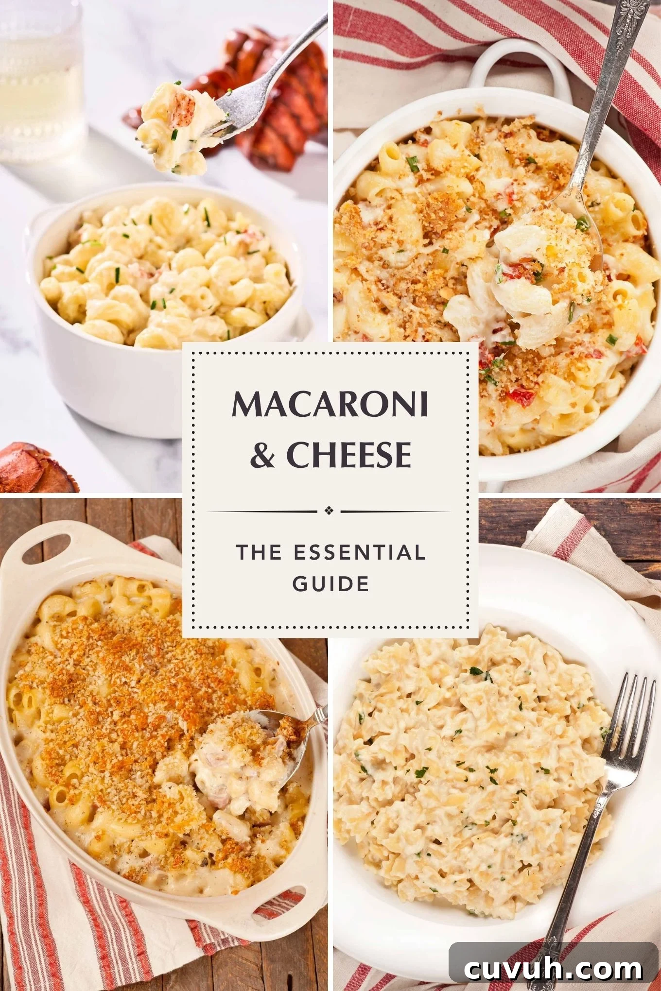 Four homemade macaroni and cheese variations including lobster, goat cheese, French-style, and cottage cheese macaroni dishes.