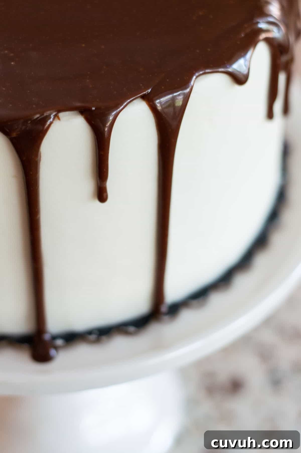 White frosted drip cake with chocolate ganache