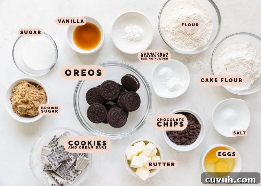 ingredients needed to make cookies and cream bars in small glass dishes