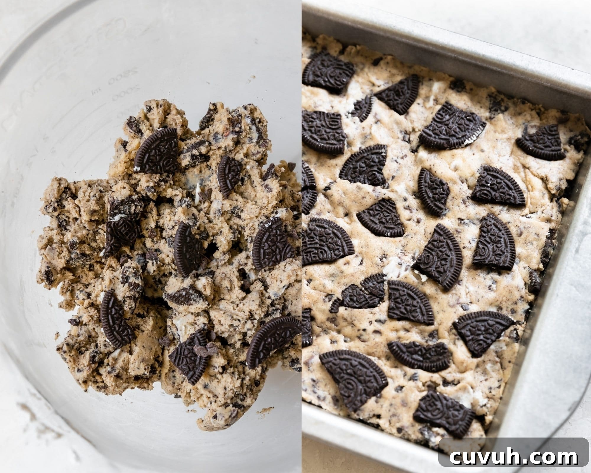 cookies and cream batter in a glass mixing bowl and pressed into a 8x8 inch square pan with additional oreo chunks on top