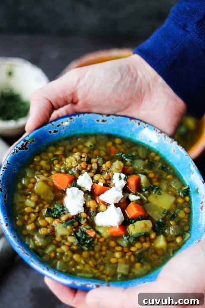 Fakes - Greek Lentil Soup served with olive oil, red wine vinegar and feta. Greek Lentil Soup with Feta in a blue bowl