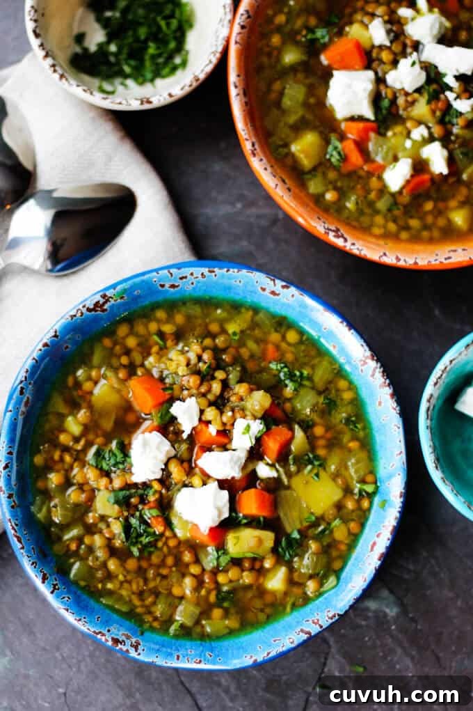Fakes - served with extra virgin olive oil, red wine vinegar and feta. Two bowls of Fakes (Greek Lentil Soup) with feta and parsley