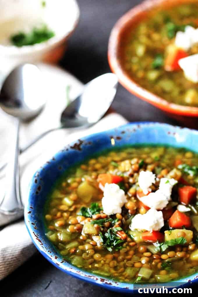 Fakes - Greek Lentil Soup topped with feta and parsley. Bowls of Greek lentil soup with feta and spoons