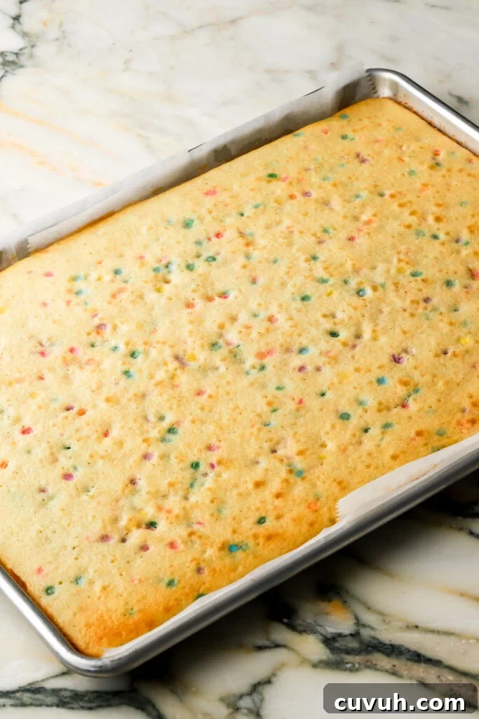 Party-Size Vanilla Birthday Sheet Cake Recipe 12 cake finished baking in pan