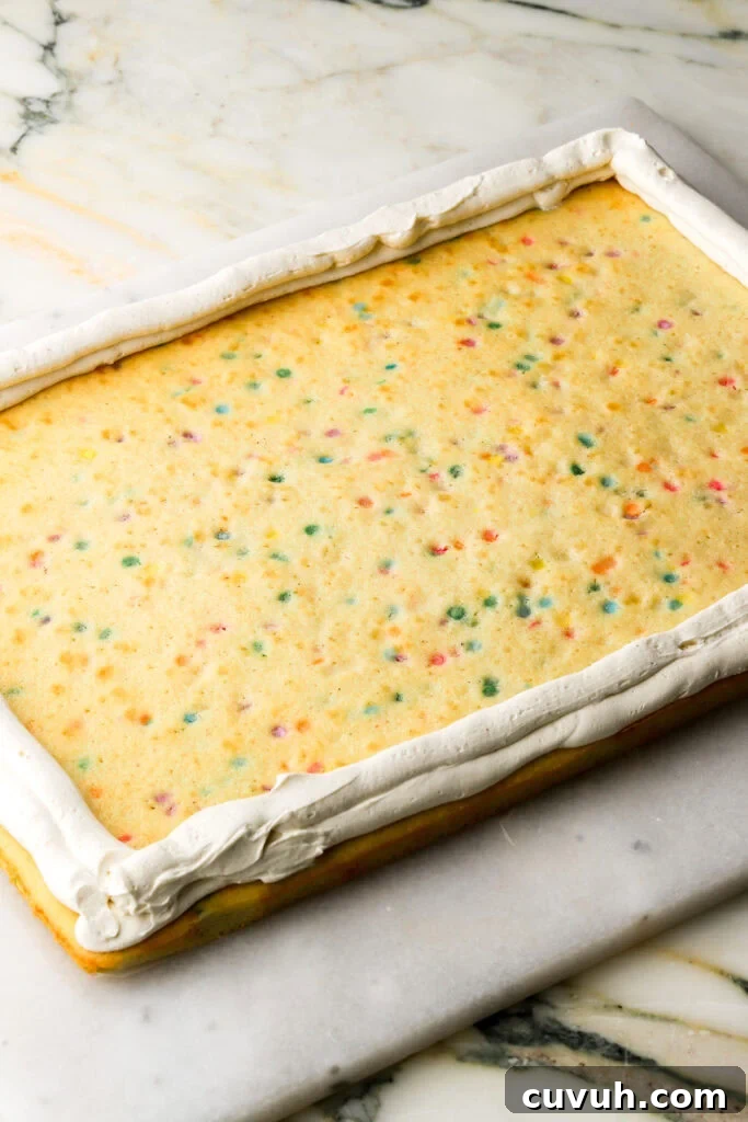 Party-Size Vanilla Birthday Sheet Cake Recipe 23 cake on a flat surface with frosting piped around the edge
