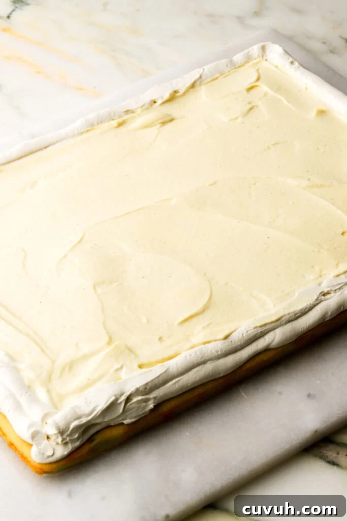Party-Size Vanilla Birthday Sheet Cake Recipe 24 bottom layer of cake with frosting piped around the edge of the cake and custard filling in the center