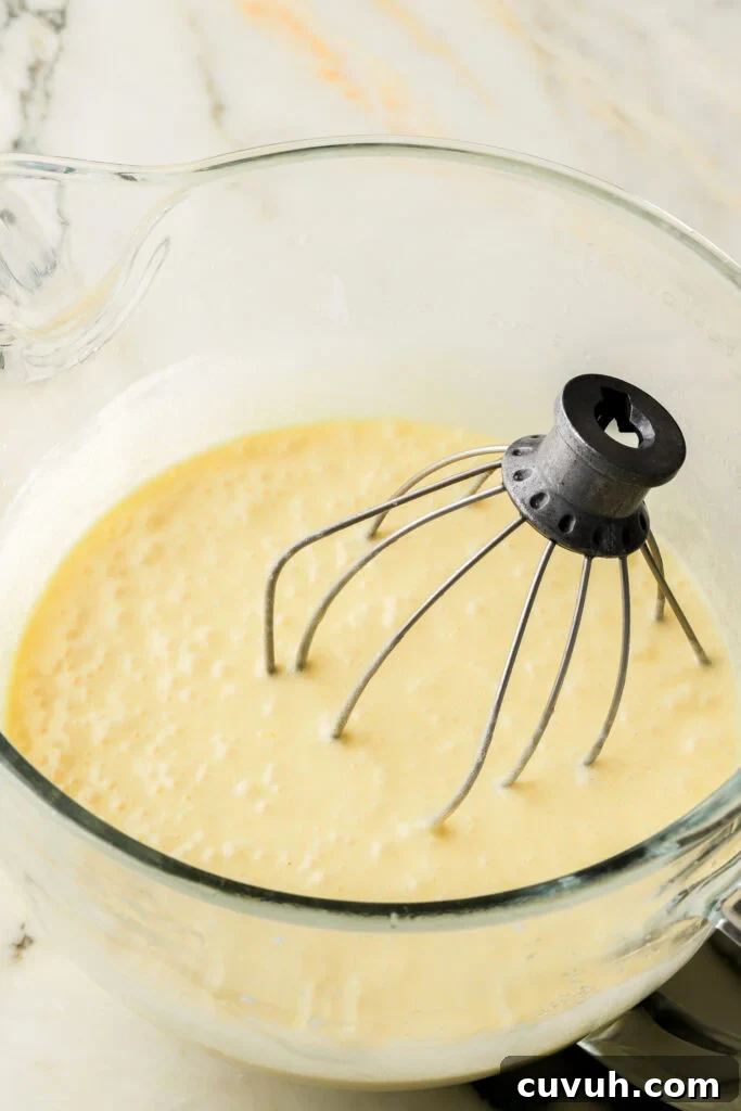 Party-Size Vanilla Birthday Sheet Cake Recipe 8 cake batter in glass bowl with whisk attachment - sour cream mixed into batter