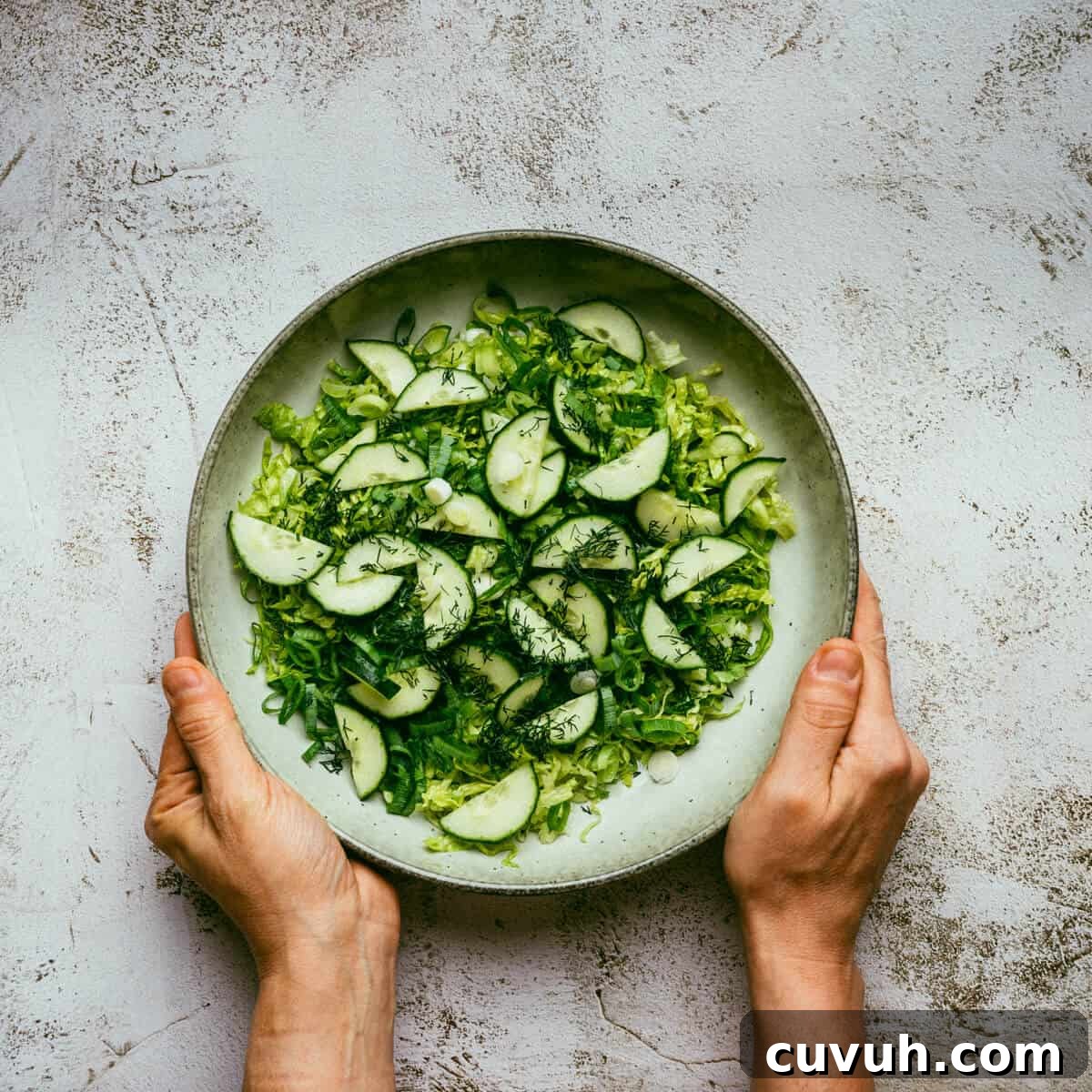 two hands holding a bowl filled with salad greens.