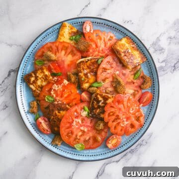 Tomato and Grilled Halloumi Salad with Basil Vinaigrette 14 Blue plate with tomato and halloumi salad, topped with croutons and fresh basil.