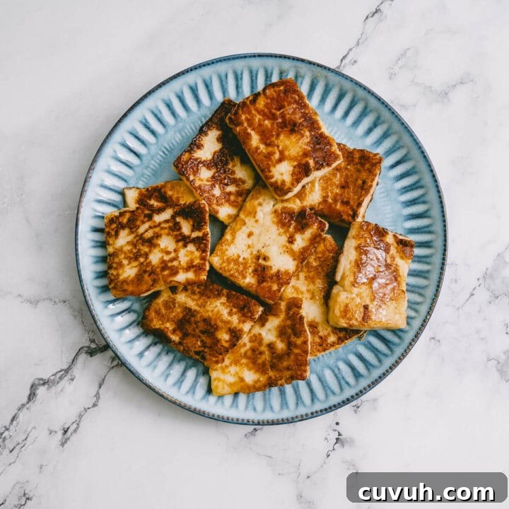 Tomato and Grilled Halloumi Salad with Basil Vinaigrette 6 Golden brown halloumi slices on a blue plate, ready to be used in salad.