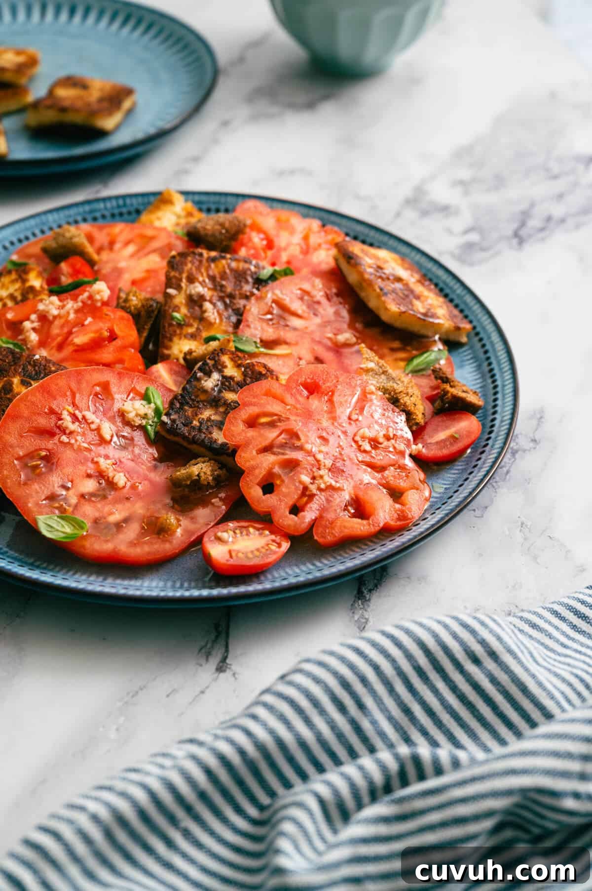 Tomato and Grilled Halloumi Salad with Basil Vinaigrette 9 Side view of tomato and halloumi salad with striped cloth napkin on marble table.