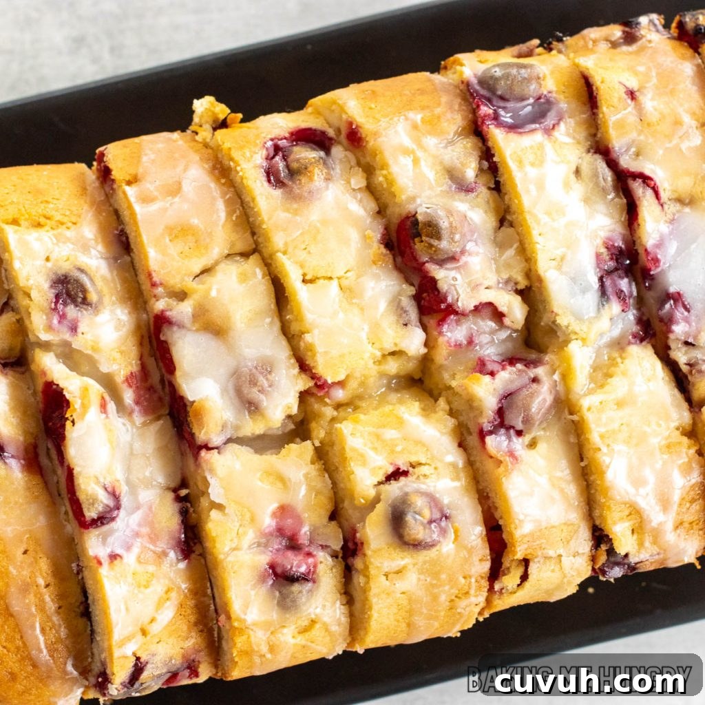cranberry cream cheese bread shown sliced from overhead