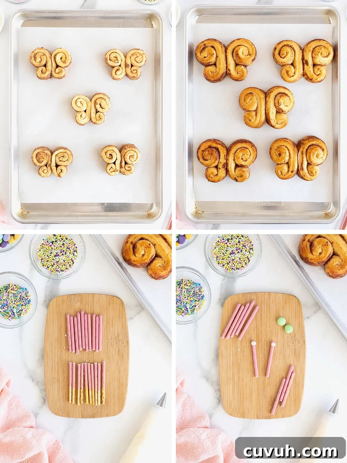 Steps to make butterfly cinnamon rolls.