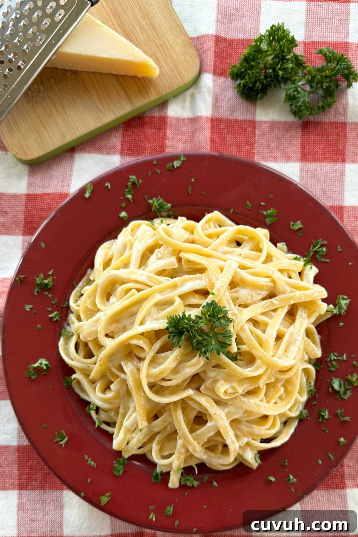 Creamy fettuccine alfredo in a red bowl garnished with parsley with a triangle of Parmesan cheese and a bunch of parsley behind it.