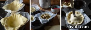 Turkey Leftover Pie Recipe: Zero-Waste Christmas Dinner Idea 4 Step by step method photos for Turkey Leftover pie including pastry lining tins, leftovers in pies and pastry lid pierced with knife