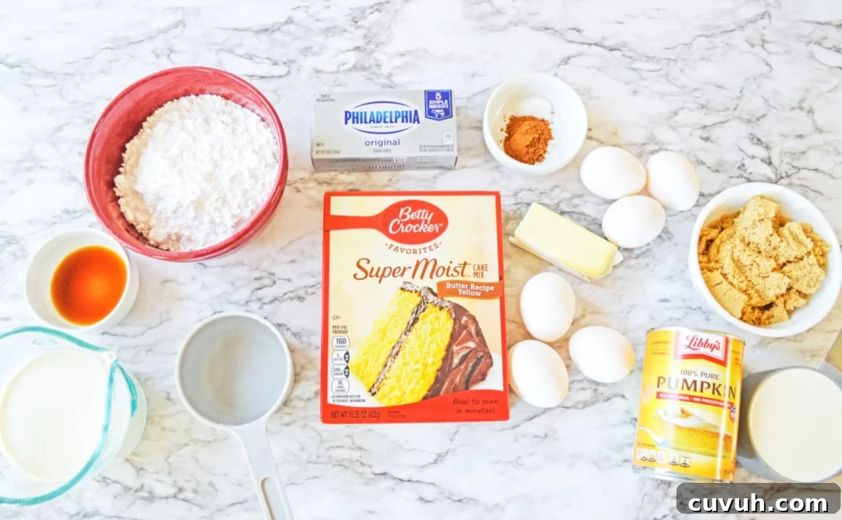 Ingredients for Pumpkin Magic Cake spread out on a marble background