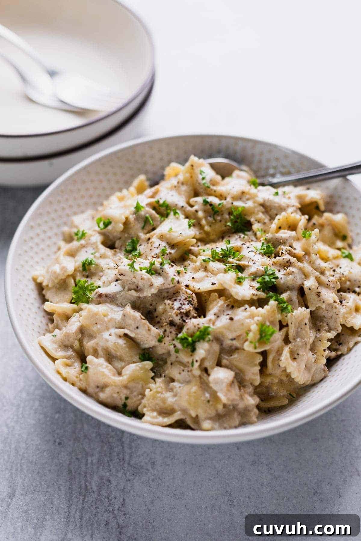 Creamy Instant Pot Chicken Alfredo Recipe in 30 Minutes 2 white bowl filled with pasta alfredo sprinkled with parsley