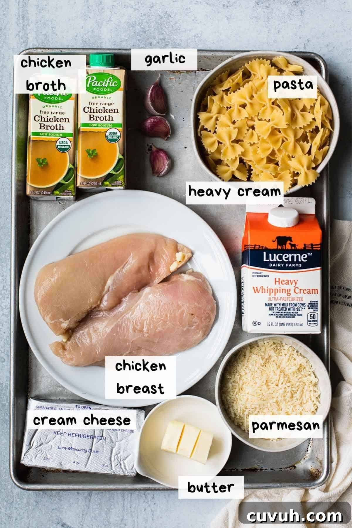 Creamy Instant Pot Chicken Alfredo Recipe in 30 Minutes 3 overhead view of ingredients with text labels