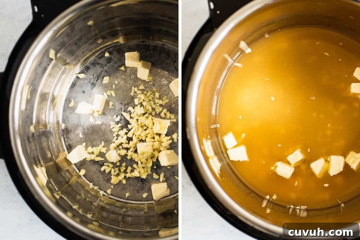 Creamy Instant Pot Chicken Alfredo Recipe in 30 Minutes 5 butter, garlic, and broth going into an instant pot
