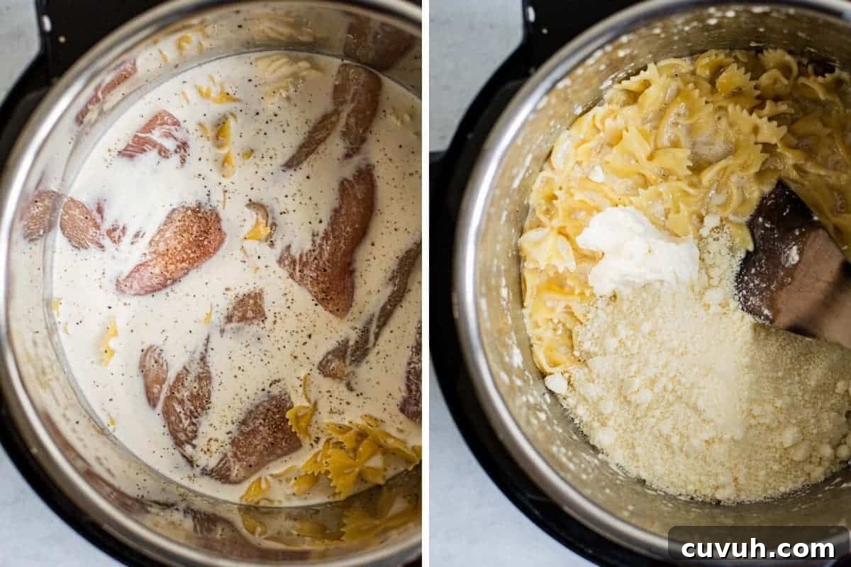 Creamy Instant Pot Chicken Alfredo Recipe in 30 Minutes 7 raw chicken before and after being cooked with pasta in an instant pot