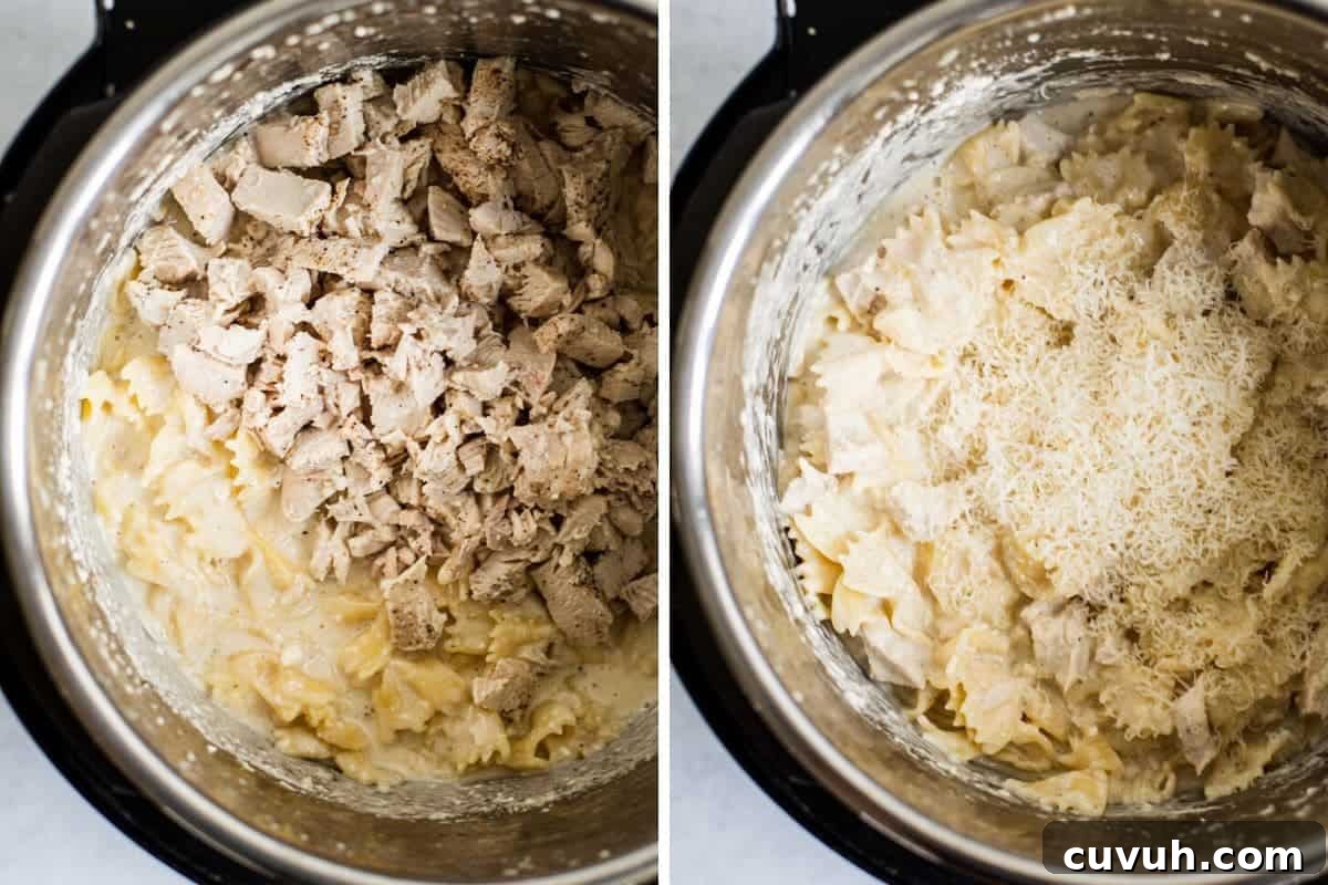 Creamy Instant Pot Chicken Alfredo Recipe in 30 Minutes 8 cut chicken being stirred into an instant pot with pasta in a white cream sauce