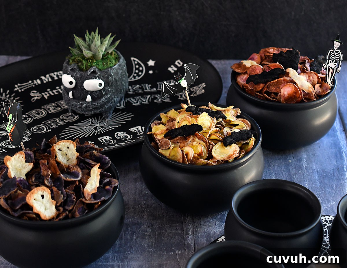 Colored potato chips in black cauldron bowls set up for a Halloween party