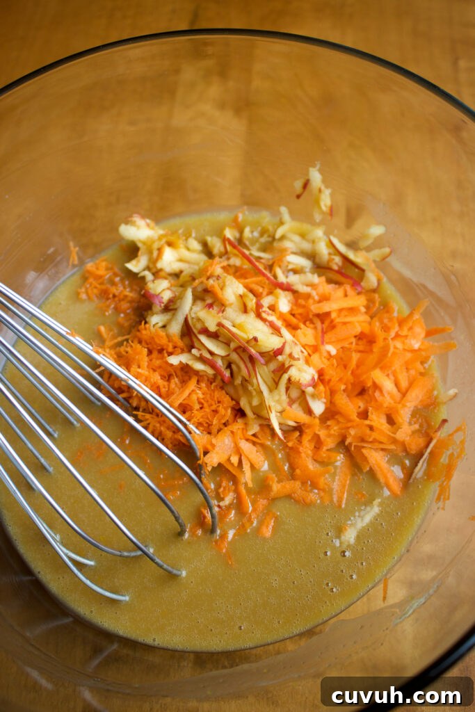 Classic Morning Glory Cake Recipe with Carrot, Apple & Walnuts 5 Wet and dry bowls