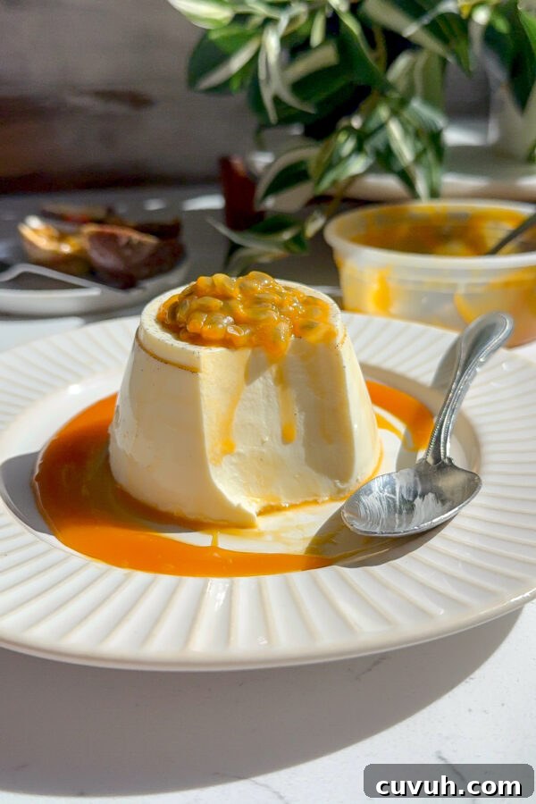 Crab Rangoon Taquitos with Sweet Chili Honey Glaze 10 Creamy smooth Panna Cotta with a passion fruit caramel topping with a spoon next to it and a piece taken out to show how creamy the middle is.