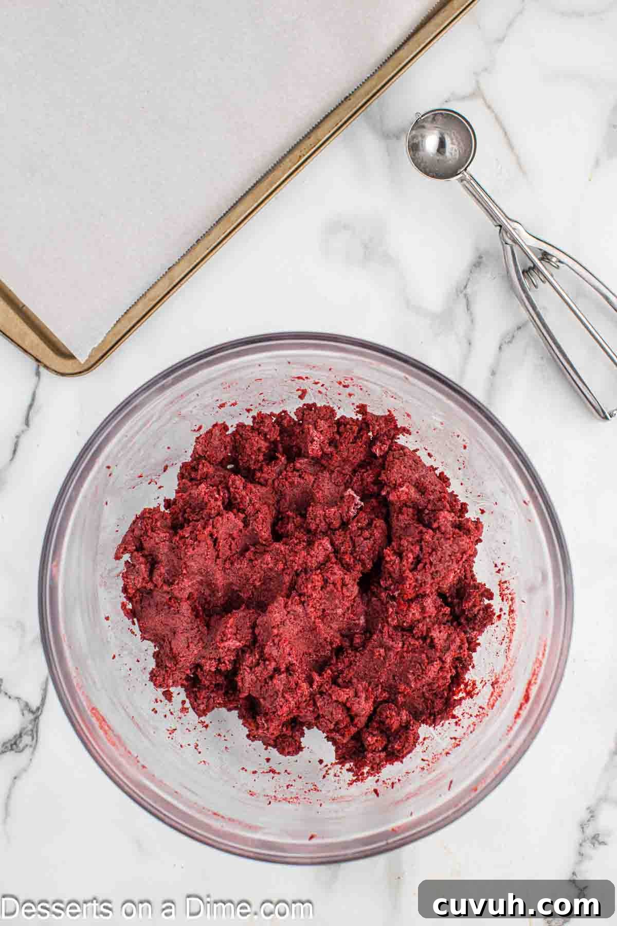 Mixing bowl with cake and frosting combined. 